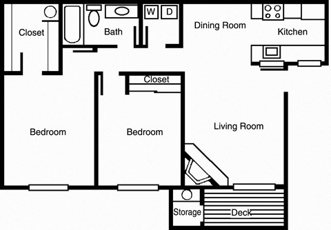 Floor plan for 2 beds, 1 bath, 843 sqft
